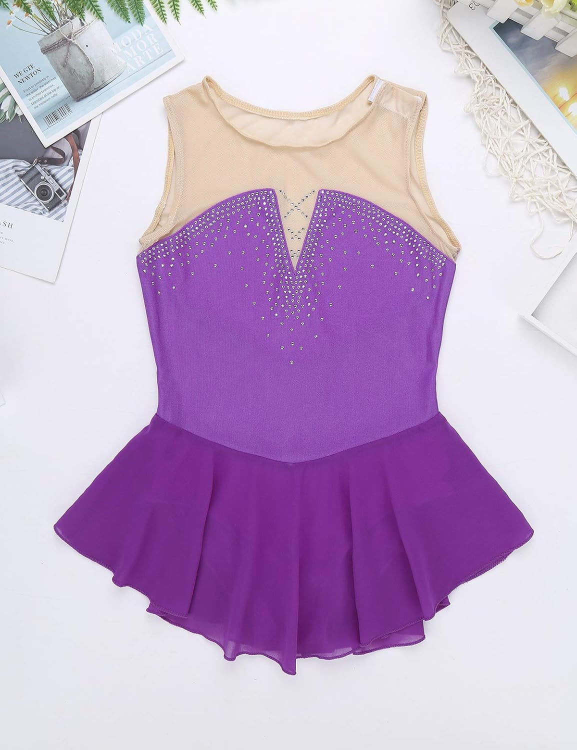 JEATHA Kids Girls Shiny Rhinestone Ballet Costume Sleeveless Splice Ice Skating Dress Gymnastic Leotard Skirt: Clothing
