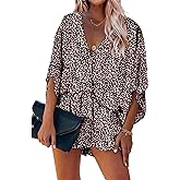 PRETTYGARDEN Women's Leopard Print Shorts Jumpsuit Wrap V Neck 3/4 Sleeve Casual Loose Oversized Romper With Pockets