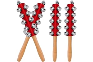 KIDUM 4 Pcs Christmas Sleigh Bells Wooden Handle Jingle Bells Instrument Musical Hand Bell Shaker Rattle Musical Percussion Instrument for Xmas Holiday Party (Red)