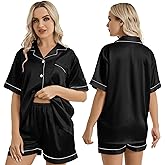 LANMAIGUO Women's Silk Satin Pajama Sets,Short Sleeves Button Down Pajamas,Valentines Sleepwear Two Piece Pj Sets for Women