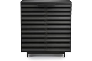 BDI Furniture Corridor 5620-36'' Bar Cabinet with Louvered Doors, Wine and Bottle Storage, Adjustable Shelf, Storage Drawer, Stemware Rack and Glass Top, Charcoal Stained Ash