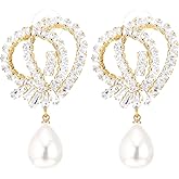 Gold Color Crystal Loop Drop Earrings with Teardrop Pearl Dangle Rhinestone Statement Earrings Party