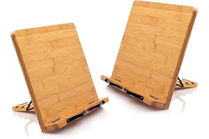 Pipishell 2 Pack Bamboo Book Stands Large Cookbook Holder Reading Stand (13.4 x 9.5 in) with 5 Adjustable Height, Foldable Wo