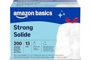 Amazon Basics Trash Bags, Tall Kitchen Drawstring, Unscented, 13 Gallon, 200 Count, Pack of 1, Packaging May Vary