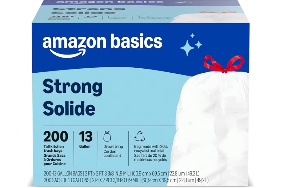 Amazon Basics Trash Bags, Tall Kitchen Drawstring, Unscented, 13 Gallon, 200 Count, Pack of 1, Packaging May Vary