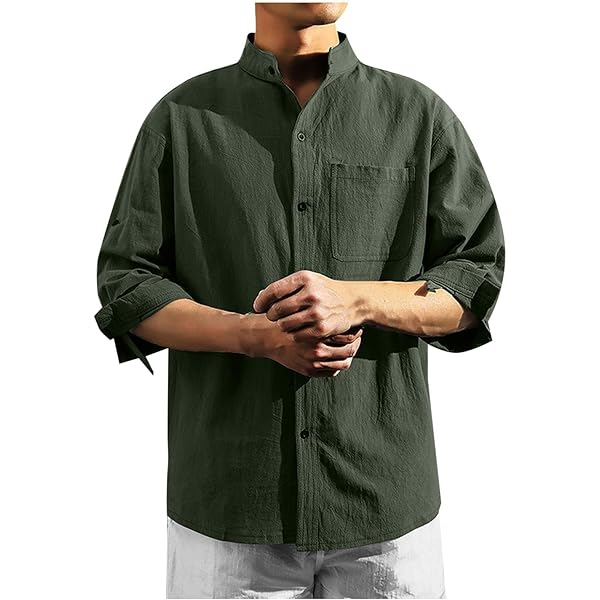 Amazon.com: Mens Cotton Linen Shirts 3/4 Sleeve Stand Collar