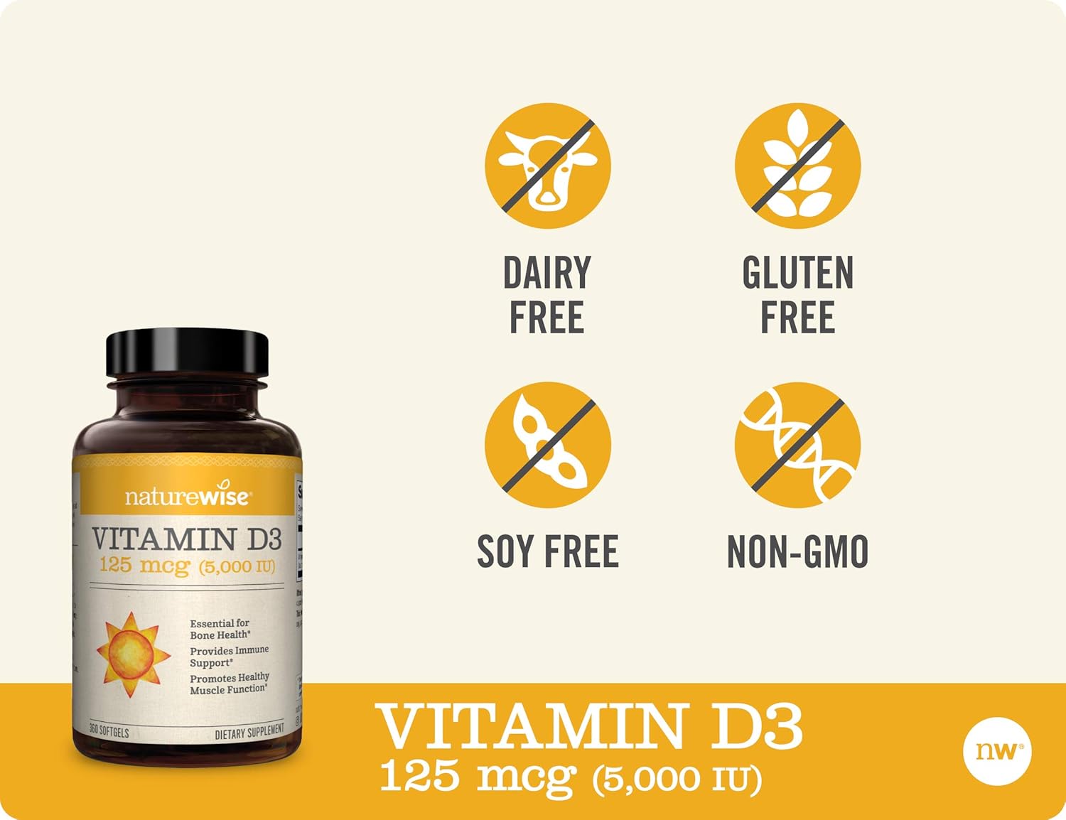 NatureWise Vitamin D3 5,000 IU (1 Year Supply) for Healthy Muscle Function, Bone Health, and Immune Support Non-GMO in Cold-Pressed Organic Olive Oil Gluten-Free (Packaging May Vary) [360 Count]: Health & Personal Care