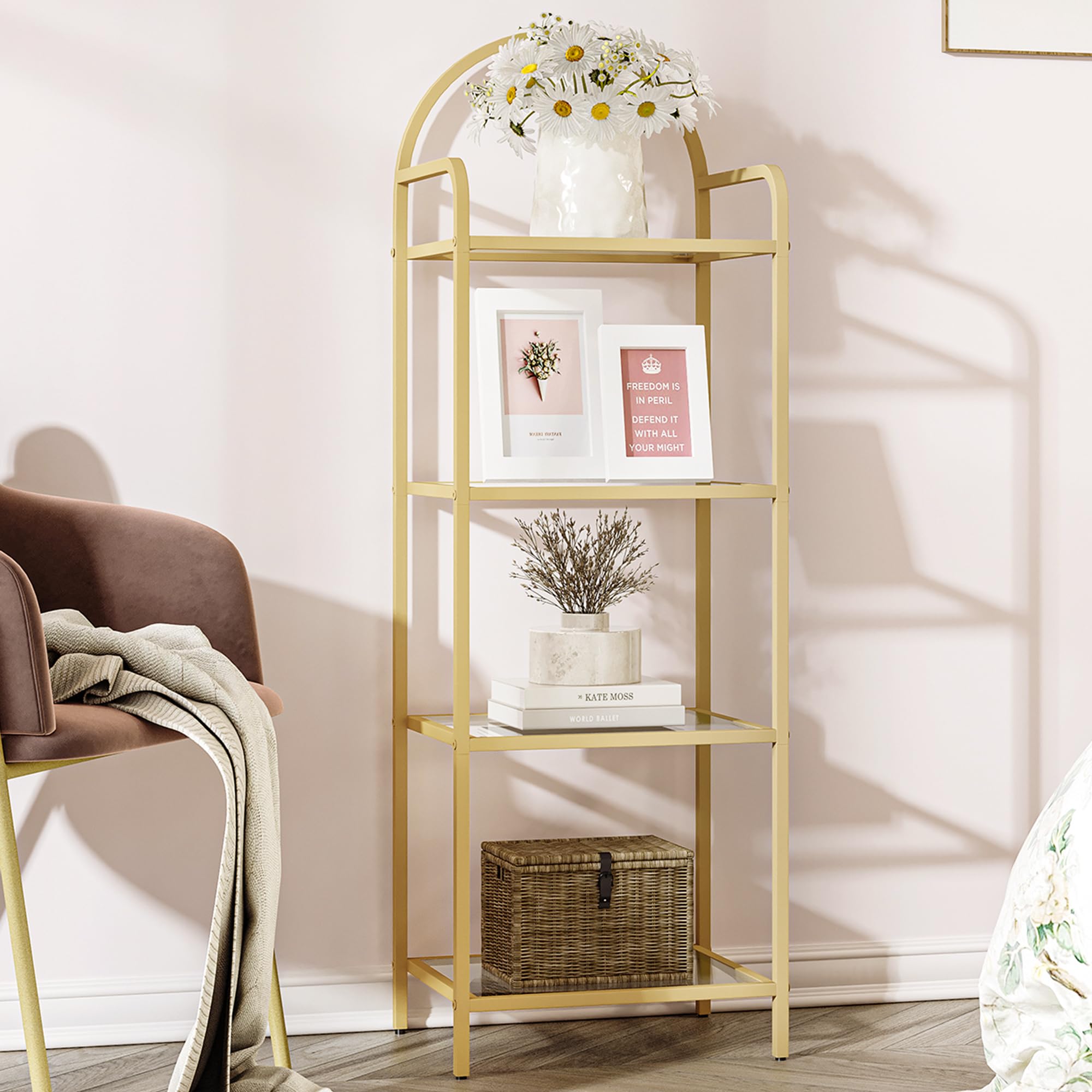 Corner Shelf Hzuaneri 5-Tier Glass Bookcase - Gold Frame Tempered Glass ...