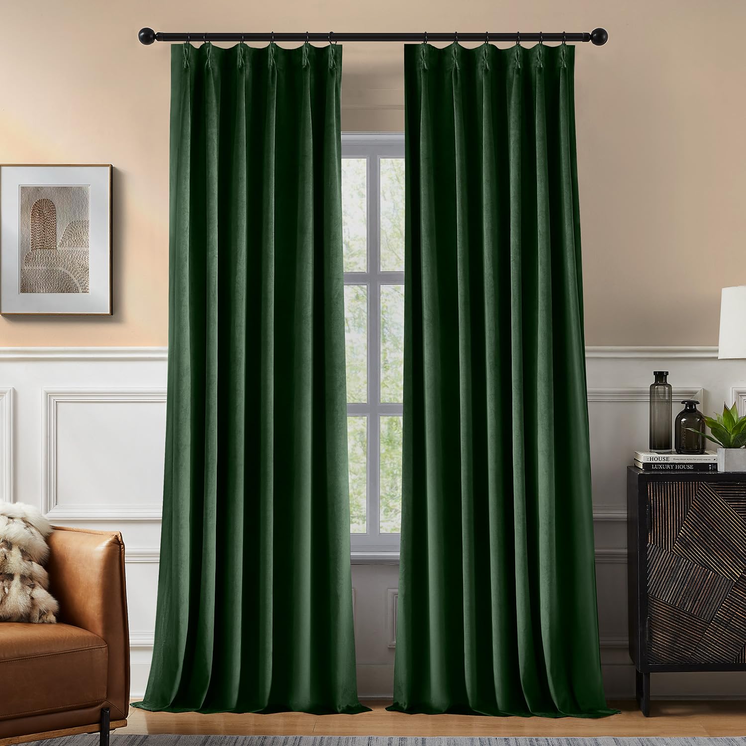 Photo 1 of Swandream Pinch Pleated 100% Blackout Curtains for Bedroom, Olive Green Velvet Curtains for Living Room, Black Out Curtain 102 inch long Room Darkening, Blackout Pinch Pleat Drapes with Hooks 2 Panels
