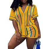 Symina Summer 2 Piece Short Sets For Women Crochet Short Sleeve Shirt and Shorts Matching Set Vacation