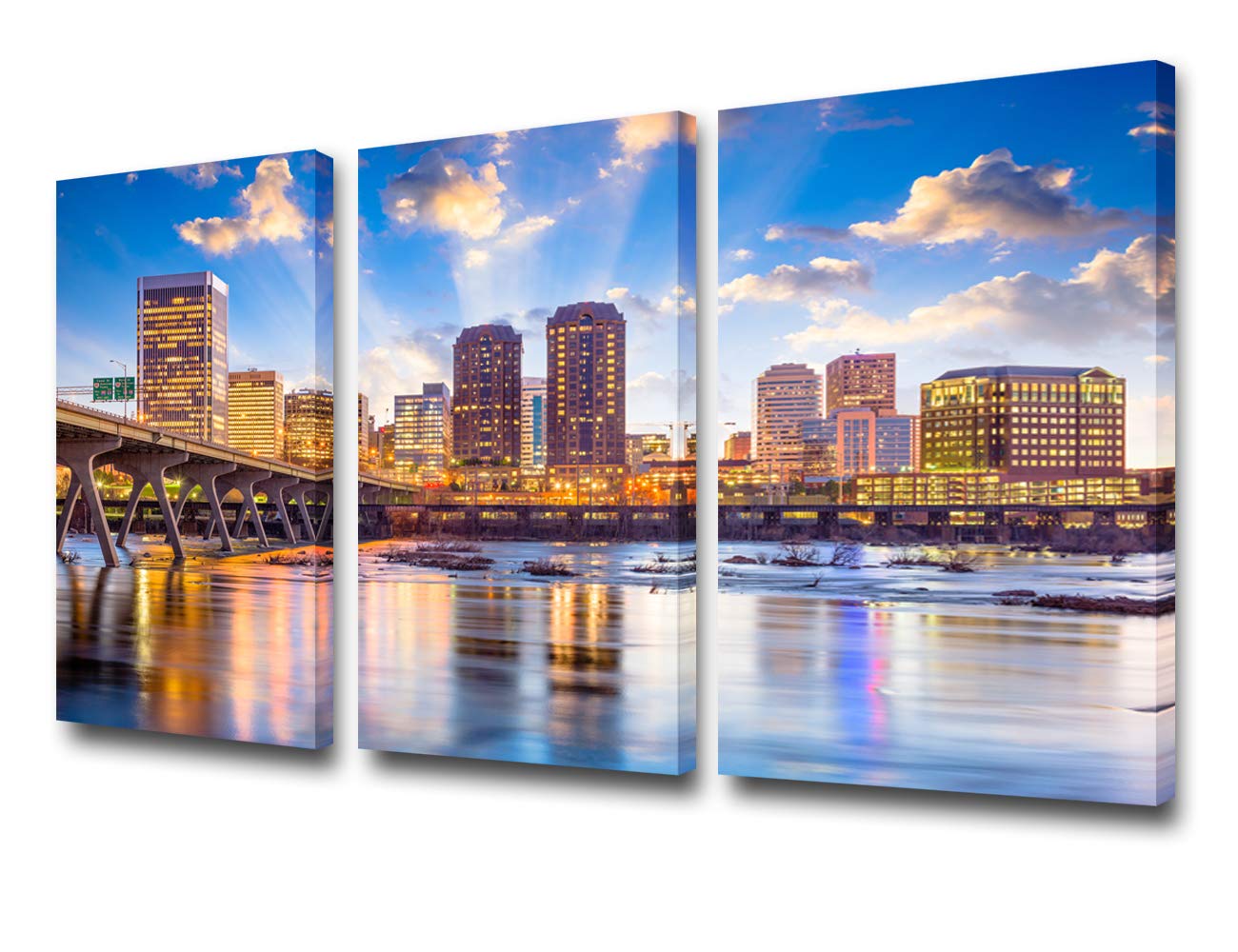 TUMOVO 3 Piece Canvas Wall Art for Living Room - Richmond, Virginia, USA Downtown Skyline on The James River - Modern Home Decor Stretched and Framed Ready to Hang - 24'' x 12'' x 3 Panels — image 1