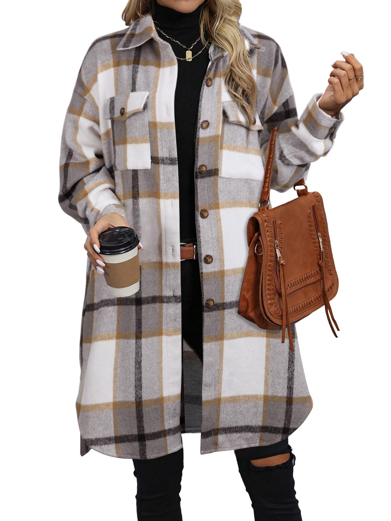 Photo 1 of NIeyook Plaid Shacket Jacket Women Button Down Long Flannel Shirt Fall Oversized Jackets Casual Shaket Lapel Winter Coats