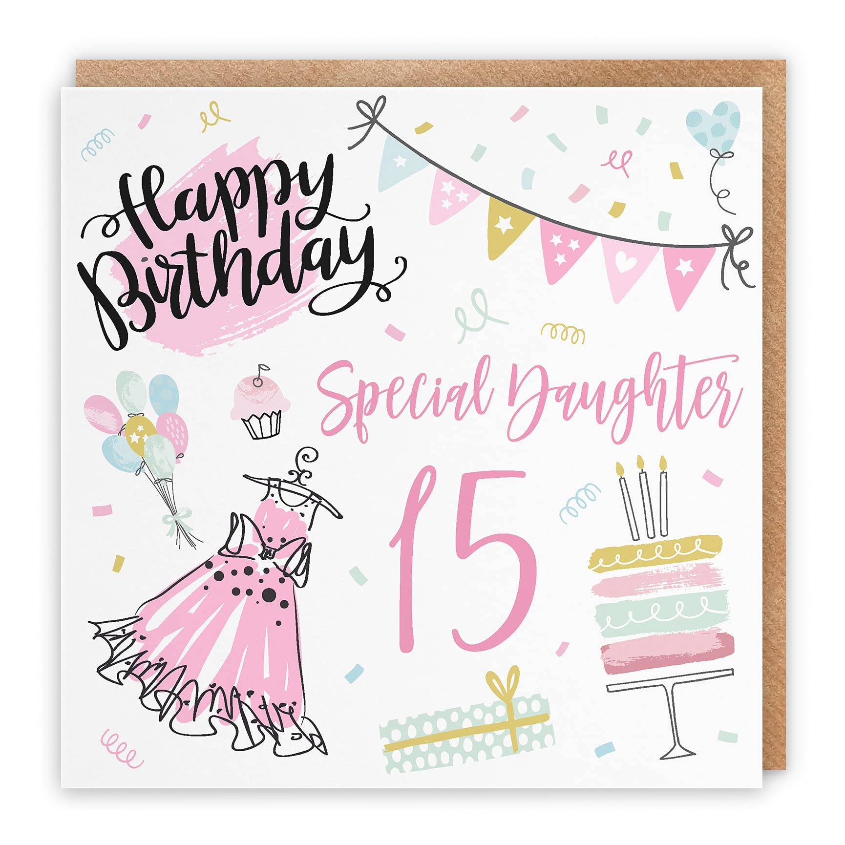 Hunts England - Large Daughter 15th Birthday Card - Happy Birthday - Special Daughter - 15 - Party Collection - Large - 210 x 210 mm - Fun Pretty Card - Age 15