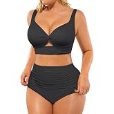 SHAPELLX Women's High Waisted Bikini Sets Two Piece Tummy Control Swimsuit | Twist-front top,ruched bottom,push up bust lift,v-neck,adjustable multi-way wide straps,removable pads,full coverage brief