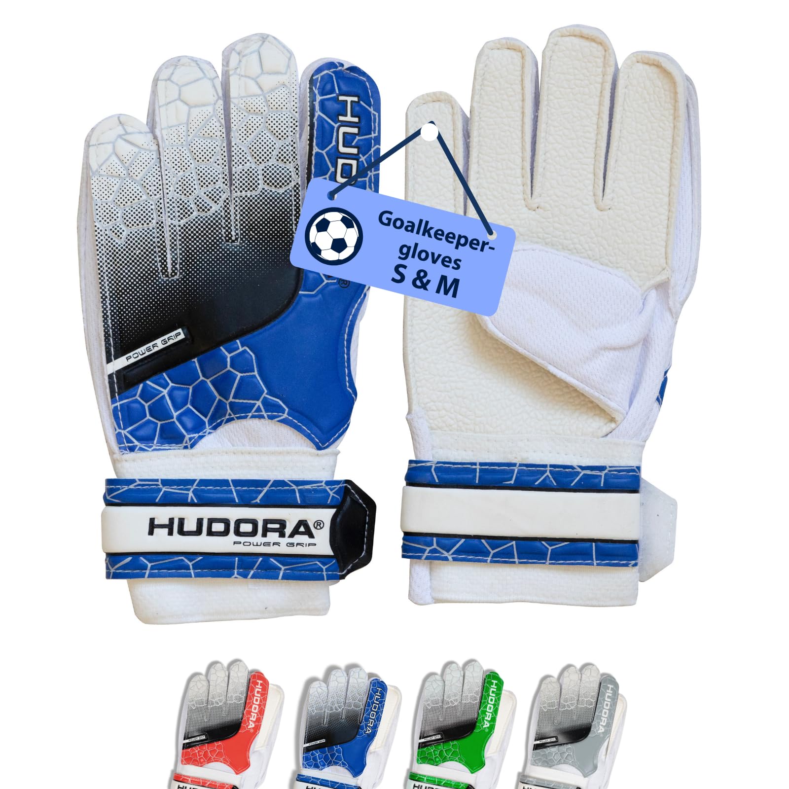 Hudora Goalkeeper Gloves - Padded football goalkeeper gloves for kids & teens in size S - Goalie gloves with foam back - Football gloves with velcro fastener - blue