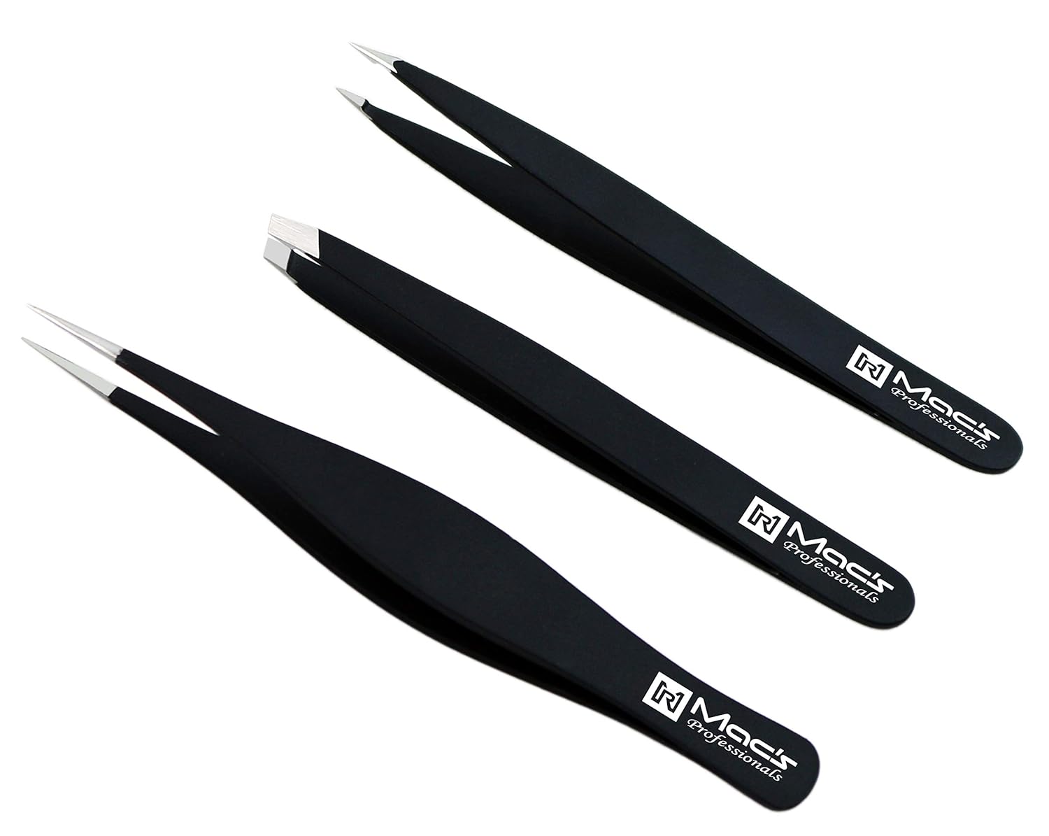 MACS TWEEZERS SET;- for Eyebrow Plucking, Ingrown Hair -Best for Eyebrow Hair, Facial Hair Removal - Stainless Steel Precision Sharp- Pointy Ends Meet Perfectly. (3 PCs Black Tweezers Set)