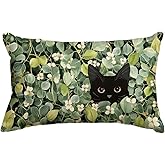 AVOIN colorlife Spring Eucalyptus Leaves Black Cat Floral Throw Pillow Cover, 12 x 20 Inch Flowers Seasonal Cushion Case for Sofa Couch