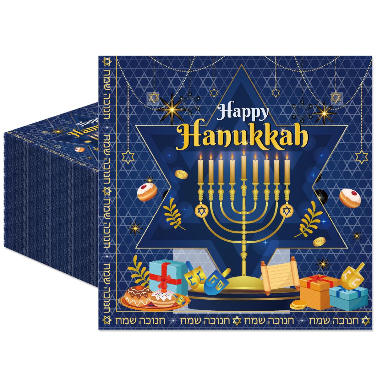 Photo 1 of 100Pcs Happy Hanukkah Paper Napkins Hanukkah Party Decorations Jewish Holiday Celebration Theme Supplies Disposable Luncheon Dinner Napkins 6.5" x 6.5"