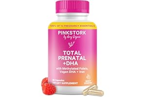 Pink Stork Total Prenatal Vitamins with DHA, Folate, Iron, Choline, and Vitamin B12 - Prenatals for Women to Support Fetal Development, Pregnancy Essentials, Berry Essence, 60 Capsules, 1 Month Supply