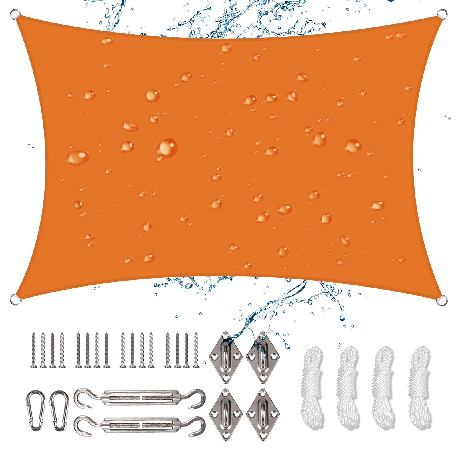 NAKIHOUSE Waterproof Shade Sail with Rope Fixing Kits, 2x3m Rectangle Sun Shade Sail 98% UV Block Awning Canopy for Garden Patio (Orange)