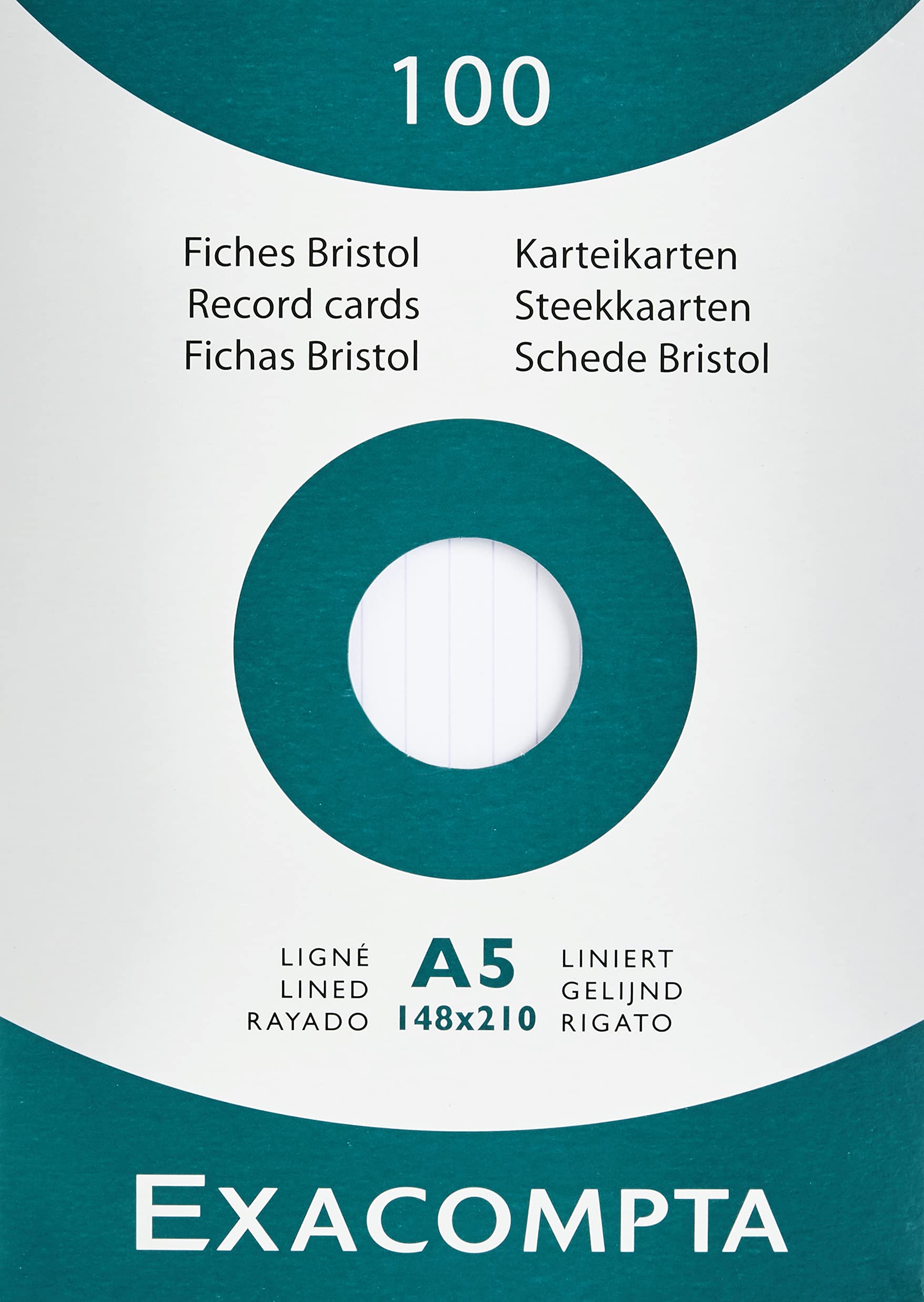 Exacompta - Ref 13808B - Bristol Ruled Record Card (Pack of 100) - A5 in Size, 205gsm Card, Compatible with Printers - Suitable for Exam Revision & Notes - White