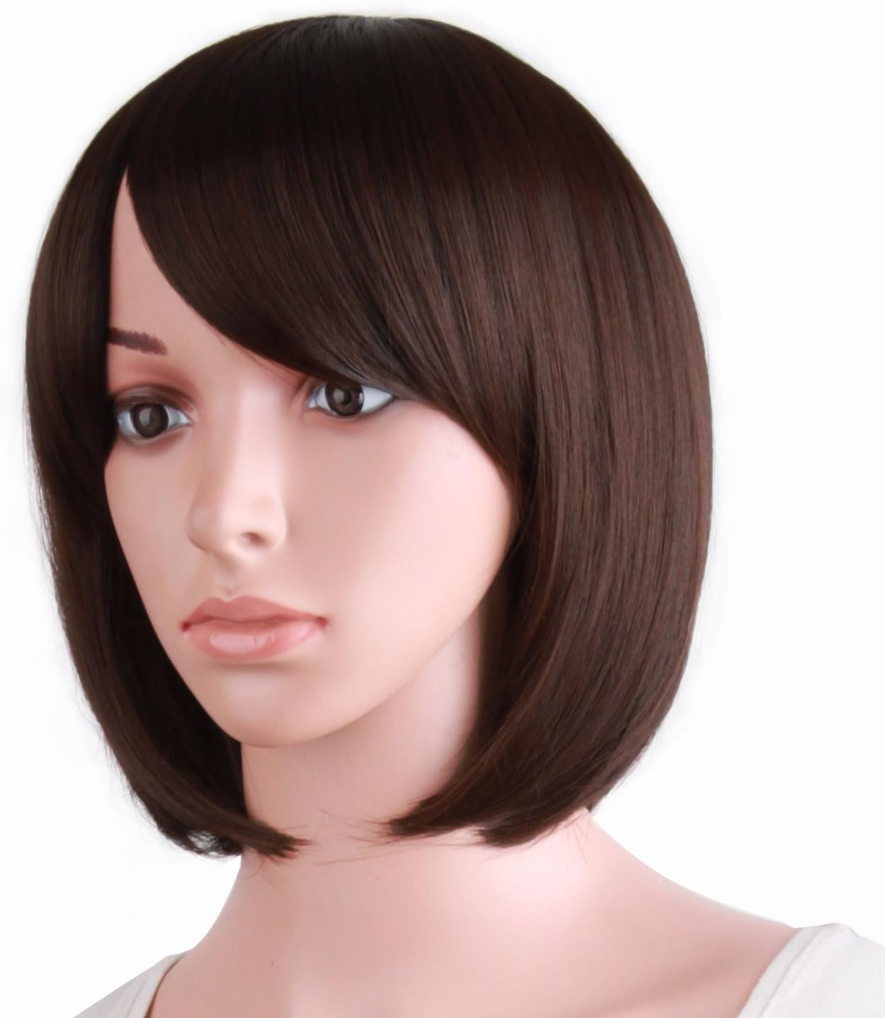 MapofBeauty Bob Short Straight Side Bangs Synthetic Fiber Heat Resistant Hair Party Cosplay Wig (Dark Brown) - Image 4