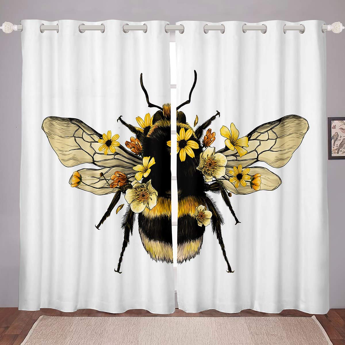 Cute Bee Curtain for Kids Boys Girls Social Insects Print Blackout Curtains Blossom Flowers Window Curtains for Bedroom Bee Printed Darkening Thermal Drapes 2 Panel Set W66*L72