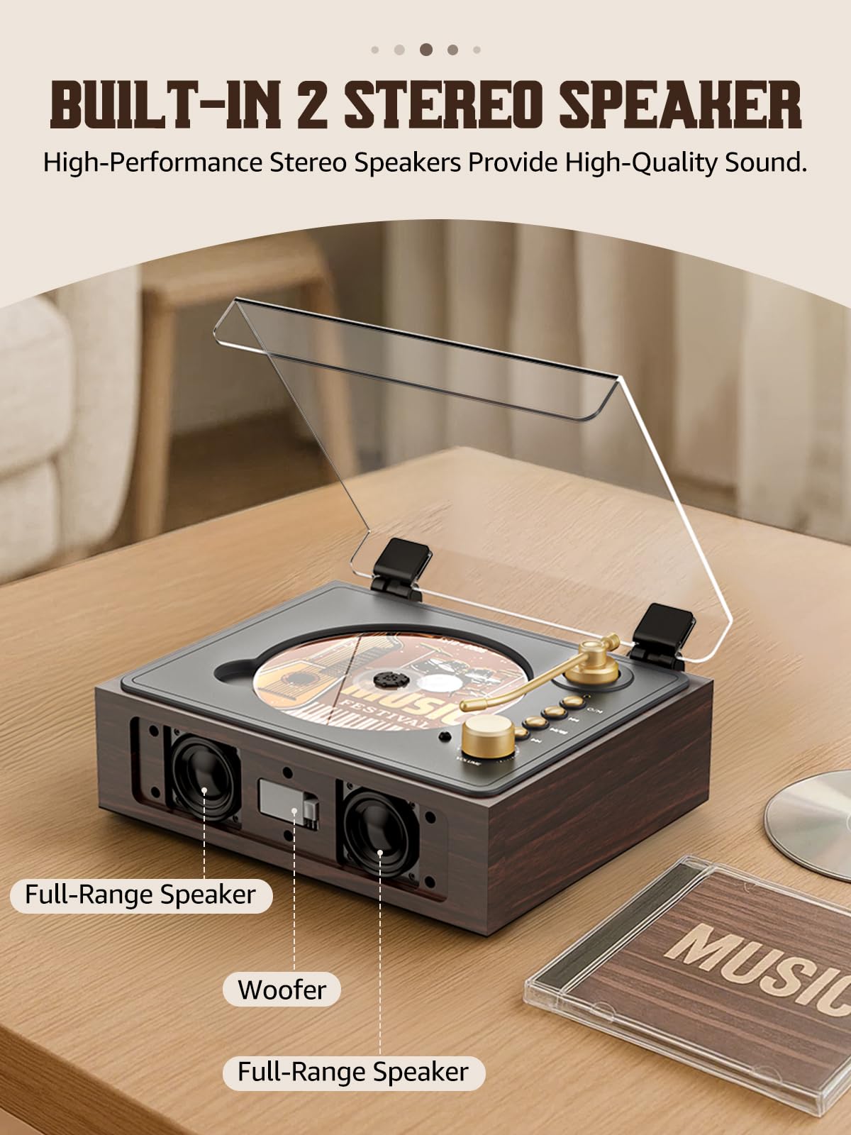 CD Player with Built-in Speakers Bluetooth Retro Portable CD Players for Home Music Player with Remote Control Headphone Jack Walnut Brown