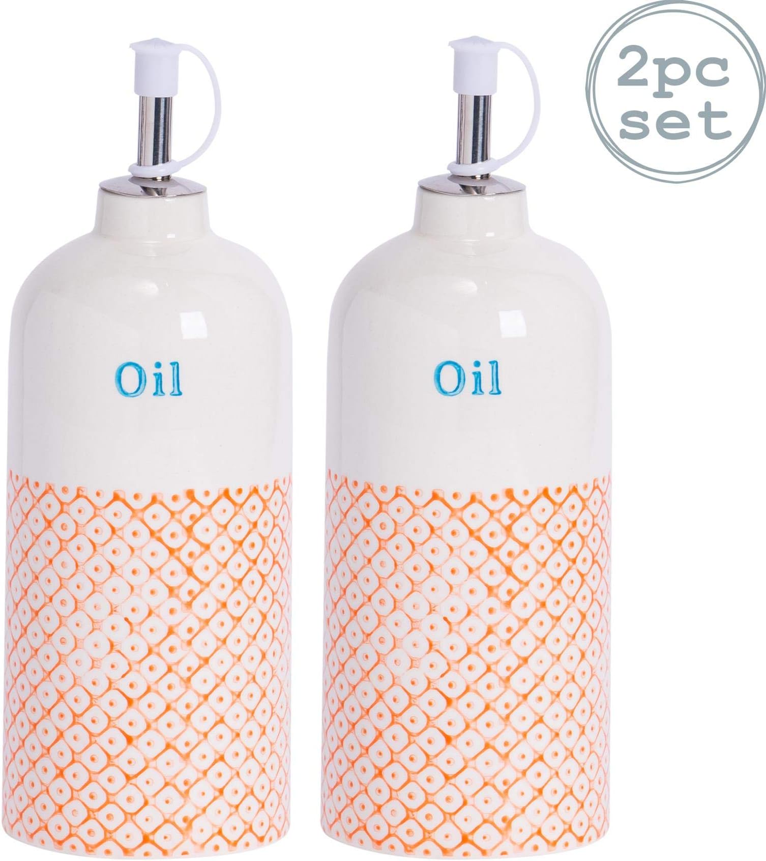 Nicola Spring Olive Oil Dispenser Dressing Bottles in Orange/Blue Print - 500ml - Pack of 2
