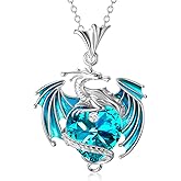 Plesitep Dragon Necklace Sterling Silver Birthstone Wyvern Necklace with Heart Shaped Crystal Jewelry Gift for Women