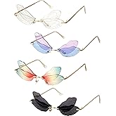 Frienda 4 Pairs Dragonfly Sunglasses Rimless Butterfly Sunglasses Fairy Wings Shaped Glasses Frameless Irregular Vintage Glasses Valentines Day Gifts for Women Men