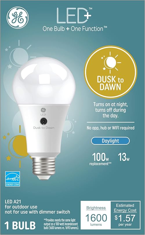 GE Lighting LED+ Dusk to Dawn Outdoor Light Bulb, Sunlight Sensor, Daylight, Automatic On/Off Light Sensing Bulb, A21 Light Bulb (1 Pack)