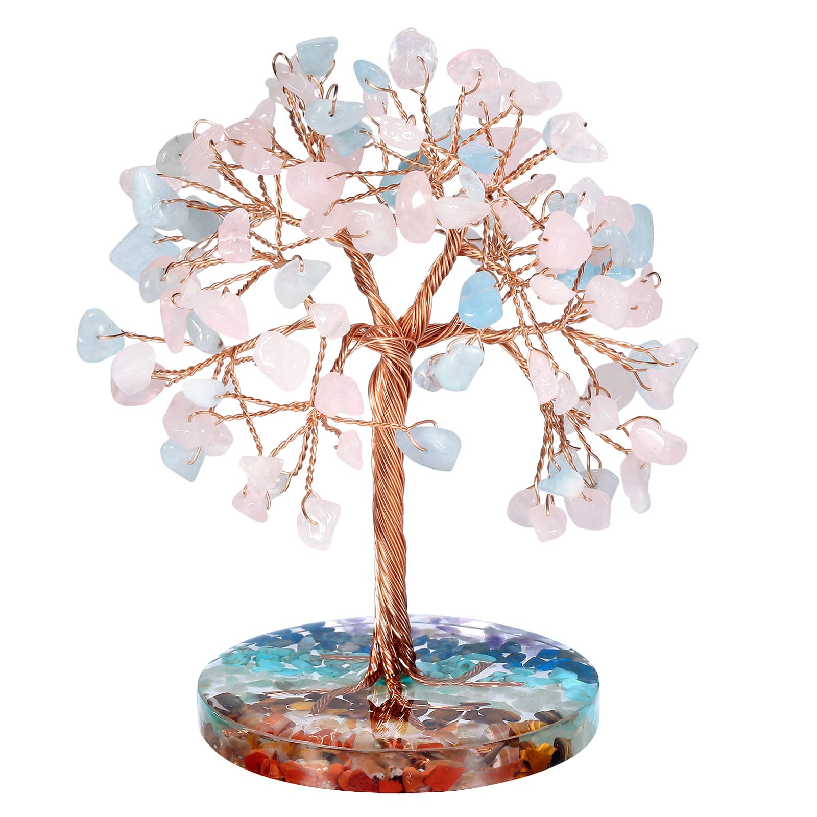 Nupuyai Aquamarine & Rose Quartz Crystal Money Tree with 7 Chakra Base, Energy Healing Good Luck Tree Figurines Fengshui Crystals Ornament for Home Office Decor