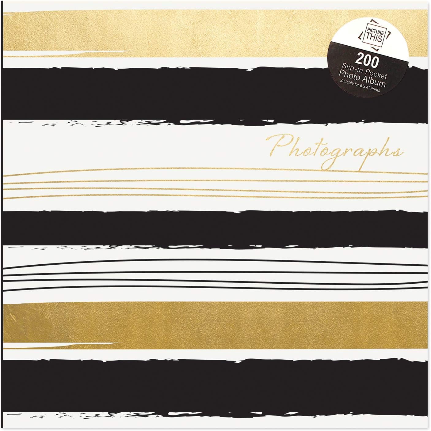 Tallon Black & Gold Stripes 6x4 Photo Album Memo Slip in Holds 200 Photos, 6 x 4