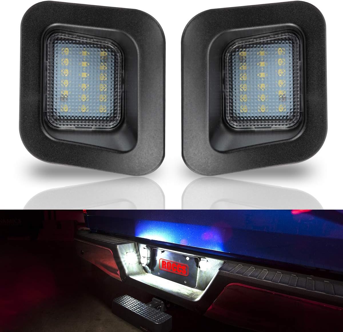 ROCCS LED License Plate Light Lamp Assembly Replacement For 2003-2018 Dodge RAM 1500 2500 3500 Pickup Truck, White LED Lights