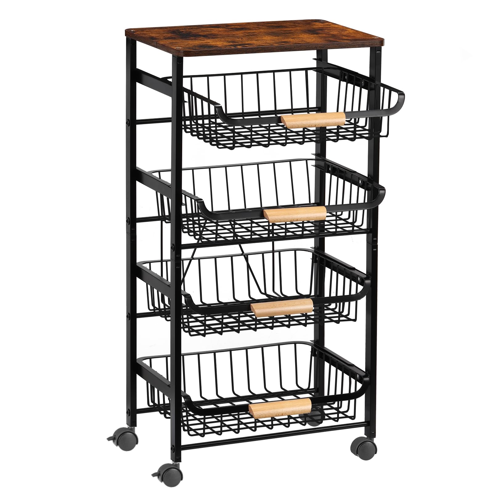 Photo 1 of Kitchen Storage Rolling Cart on Wheels, 5 Tier Metal Rolling Utility Mesh Basket Pantry Cart Rack with Wooden Tabletop for Fruit Vegetable Onion Potato Storage