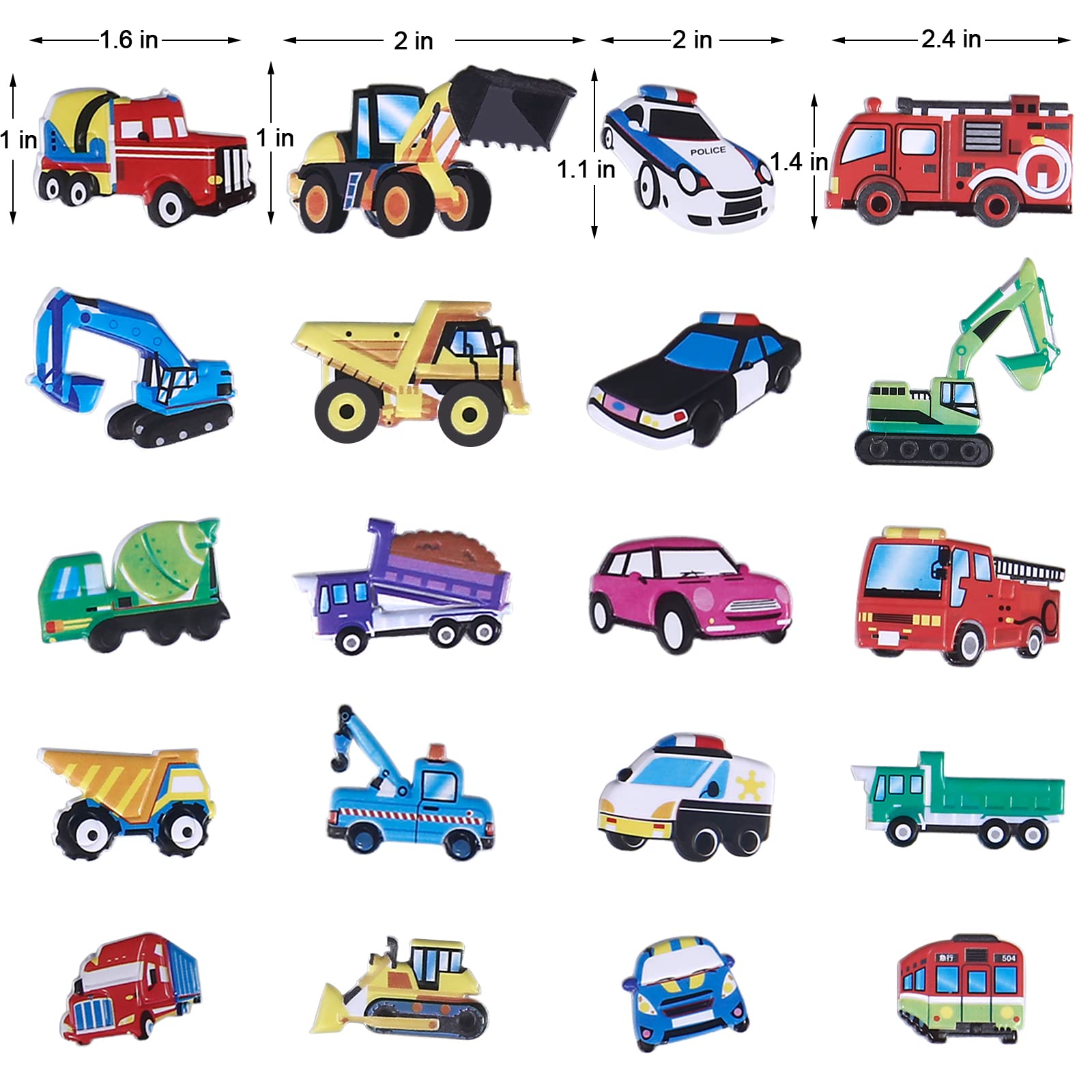 Puffy Vehicle Stickers for Kids Toddlers - 3D Puff Car Stickers for Boys Reusable Foam Sticker with Construction Truck,Tractor,Fire Truck,Police Car,Bus,Transportation Stickers Bulk,4 Sheets.