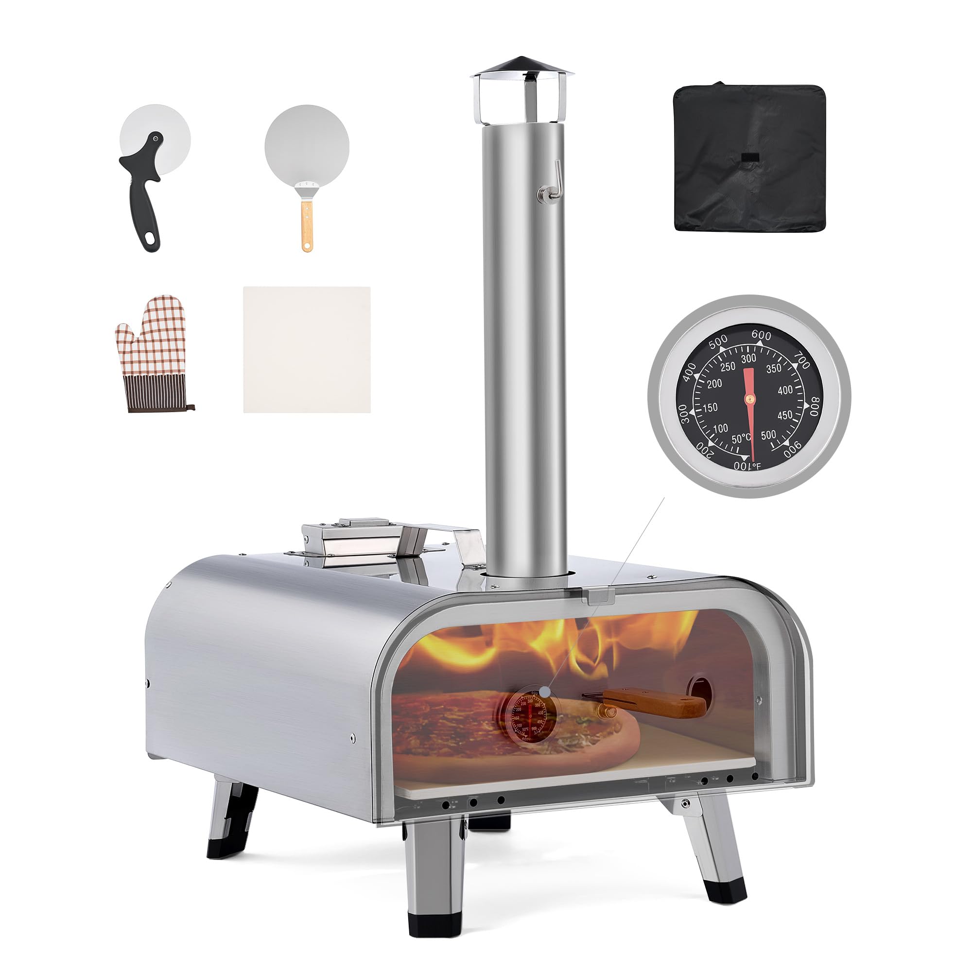 Outdoor Wood-Fired Pizza Oven With Rotating Stone - Portable Stainless Steel Oven With Peel, Thermometer & Cover