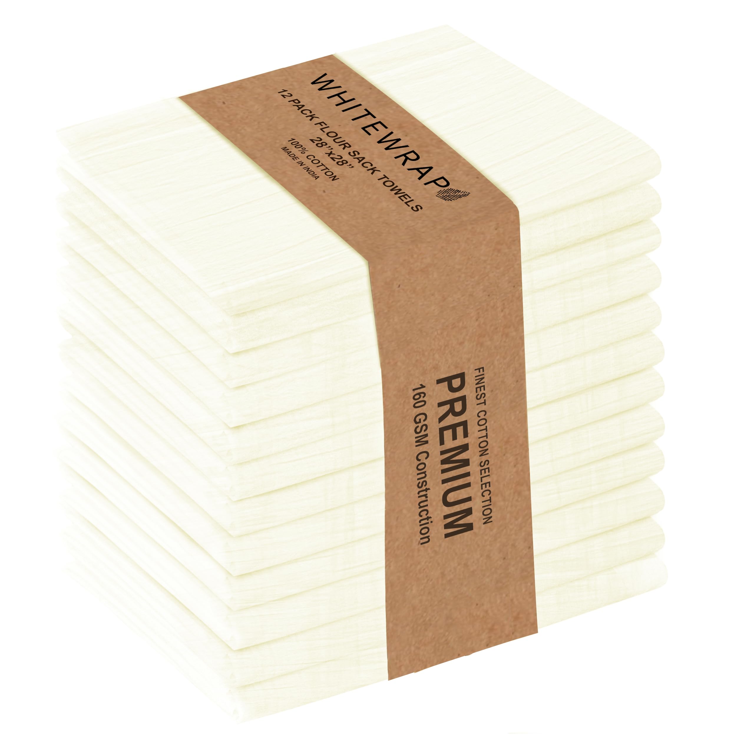 WHITEWRAP Flour Sack Dish Towels 130 Thread Count Ring Spun Cotton Large 28"x28" 12-Pack Kitchen Dish Towels Natural - Tea Towels, Dish Towels and Dish Cloths