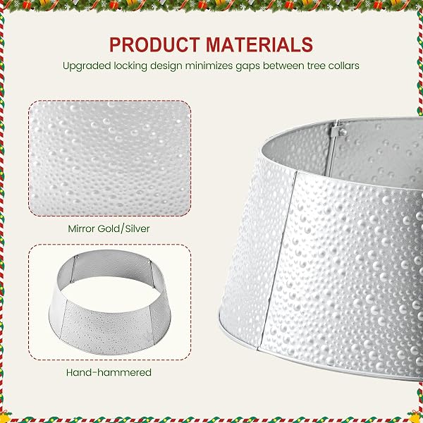 SWEETCRISPY 26INCH METAL CHRISTMAS TREE COLLAR, 4-PANEL BASE COVER FOR 7.5FT ARTIFICIAL TREES, SLIVER