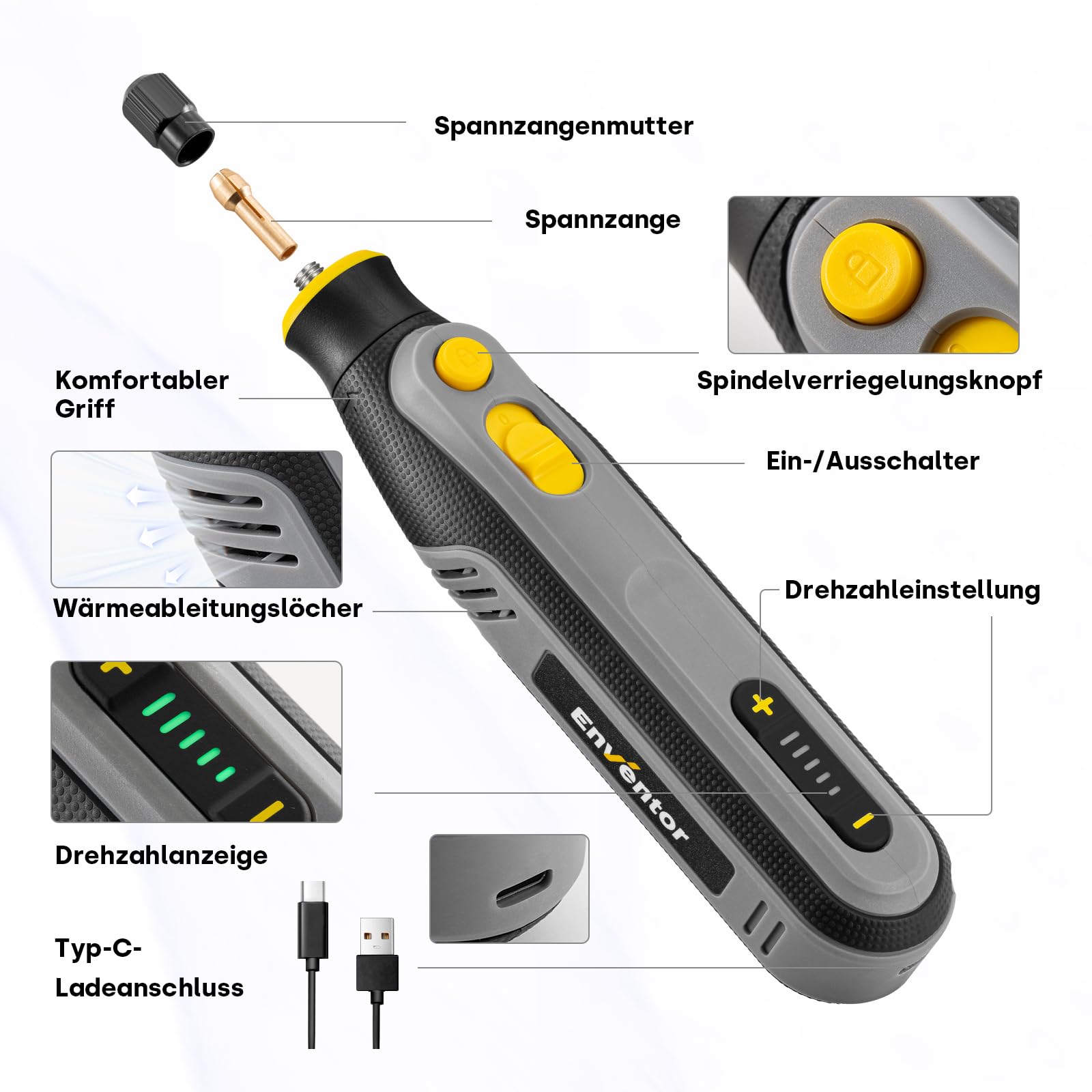 Enventor 4V Mini Multifunktionswerkzeug Akku, Rotationswerkzeug-Set, 5 Variable Geschwindigkeiten, 5000-25000 RPM, 104-tlg Zubehör zum Schnitzen, Schleifen, Polieren, Schneiden, Bohren 2