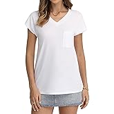 QUALFORT Womens V Neck T Shirt Short Sleeve Casual Top with Pocket Cap Sleeve Regular Fit Trendy 2026