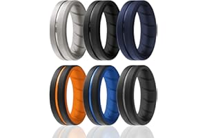 ROQ Silicone Rubber Wedding Ring for Men, Men's Wedding Band, Breathable Rubber Engagement Band, 2 Thin & Middle Lines, Beveled Edge & Engraved Duo, Multi Colors