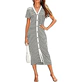 BTFBM Women Casual Summer Dresses Short Sleeve Striped Midi Dresses Decorative Button Ribbed Knit Dresses Party Dresses