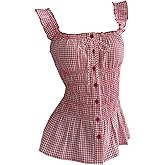 SweatyRocks Women's Gingham Smocked Peplum Tank Top Summer Square Neck Shirred Ruffle Shirt