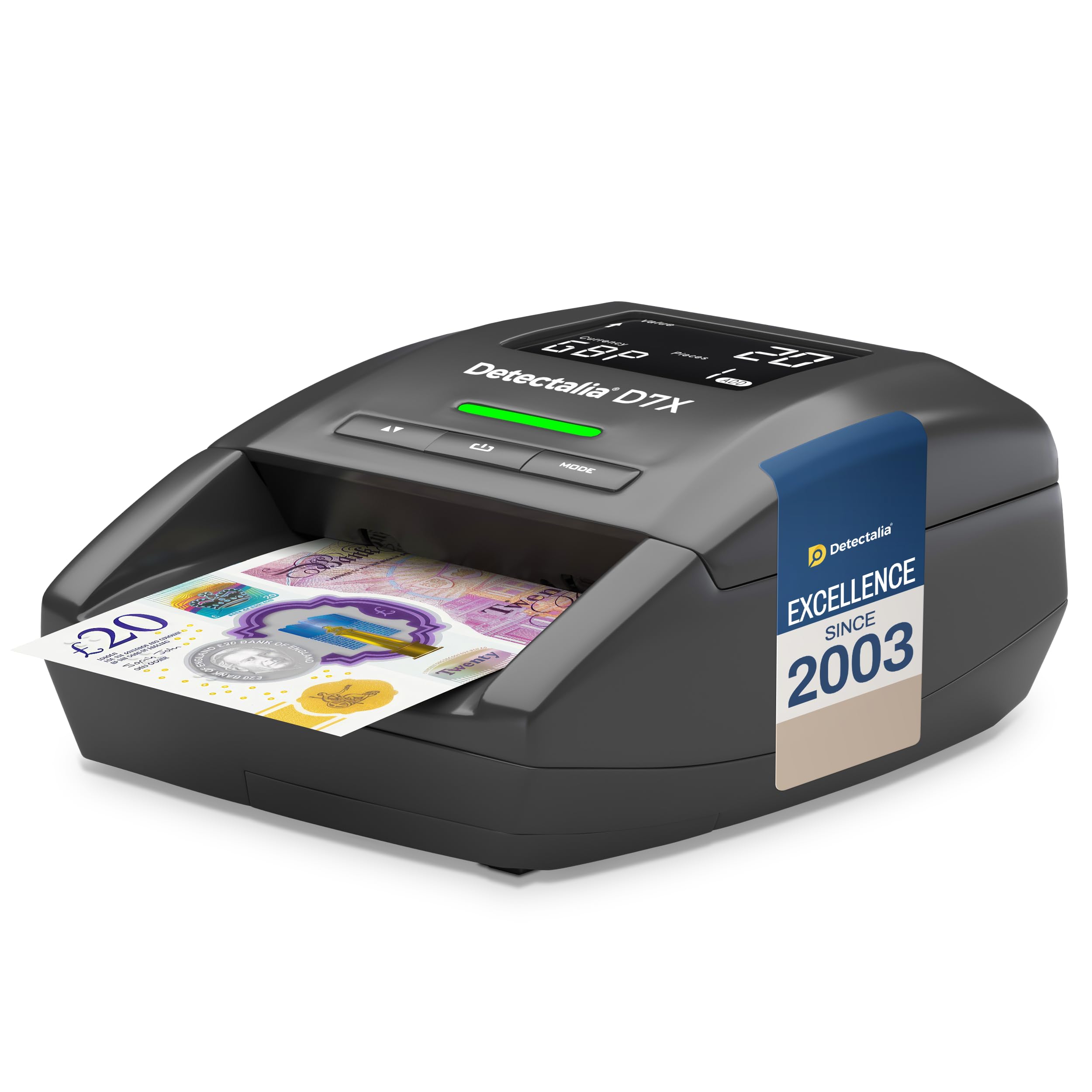 Detectalia D7X - Counterfeit banknote Detector - Checks GBP, EUR, CHF, PLN & SEK, verifies in 0.5 Seconds, 100% Accurate, UK Plug