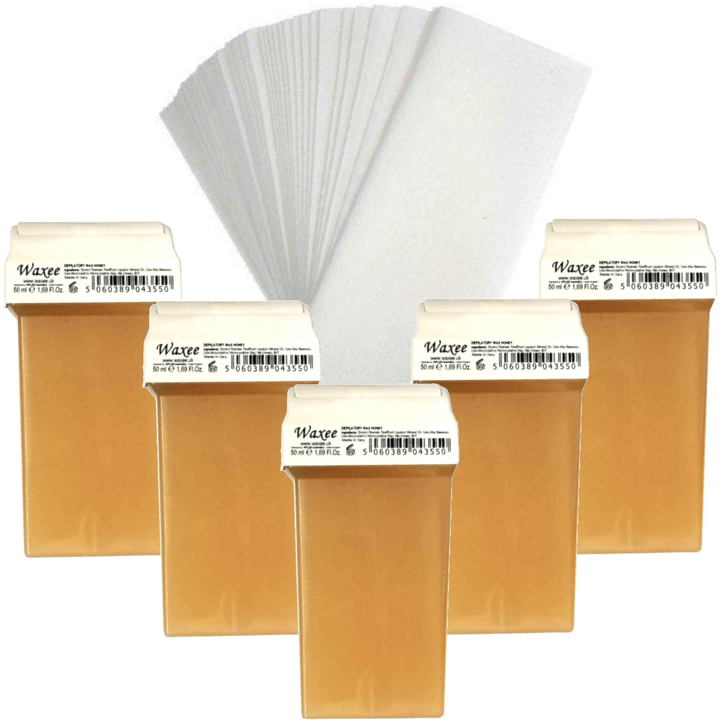 Waxee Compatible for Veet Easy Wax 50ml roll on Wax Replacement Roller Wax Cartridge Honey (5 x 50ml roll-on + 50 Strips)
