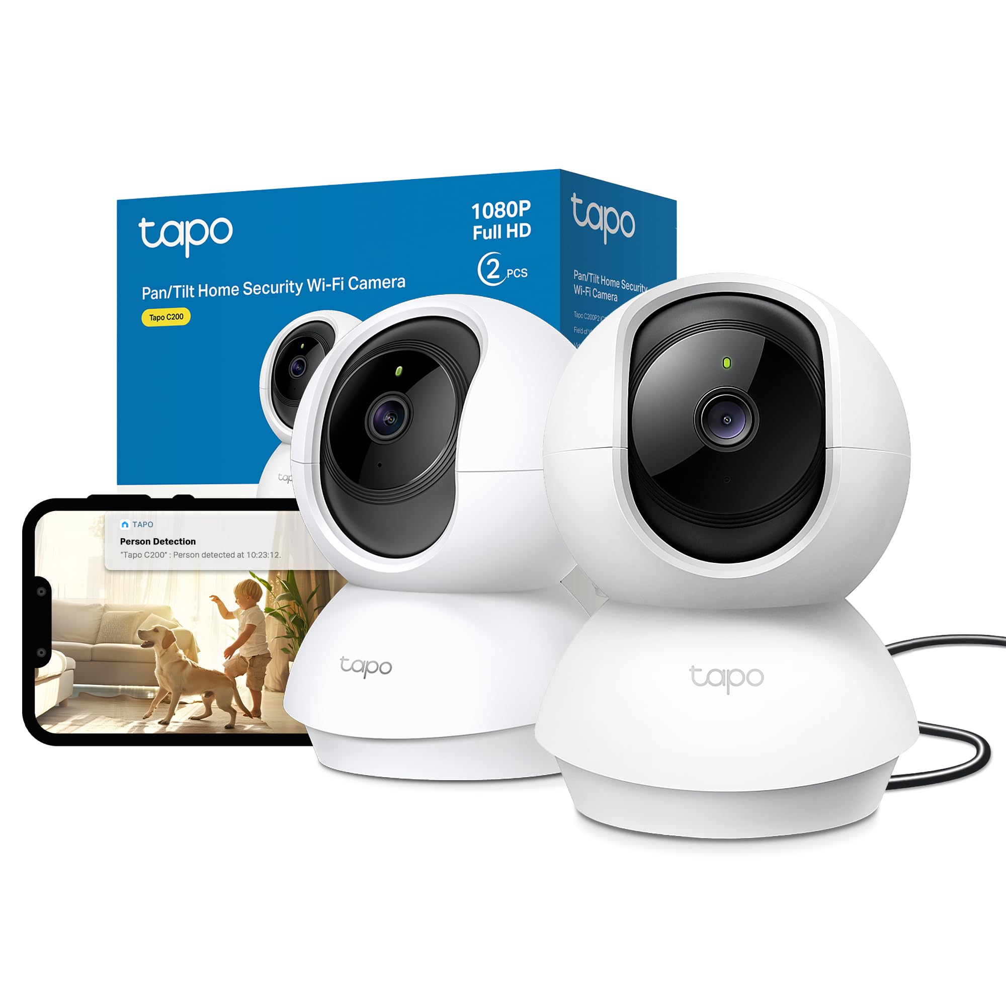 Tapo C200 2-Pack 1080p Pan/Tilt Indoor Camera, Baby Monitor, Motion Detection, Customizable Privacy Mode, 2-Way Talk, Night Vision, Cloud and Local Storage, Works With Alexa and Google, No Monthly Fee — image 1