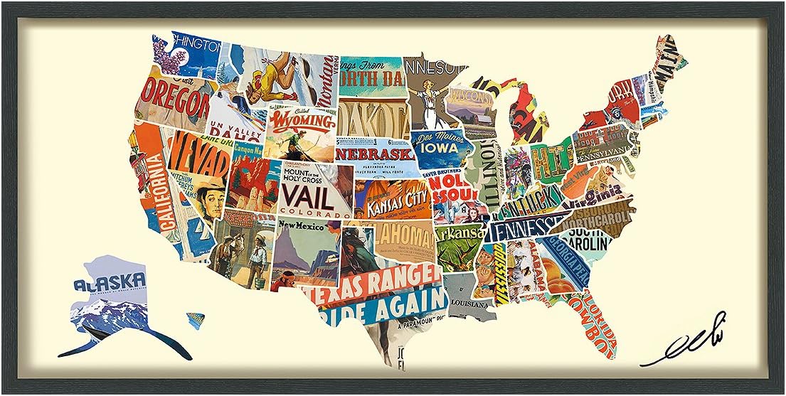 Paintings - Empire Art Direct American Map Dimensional Collage Handmade by Alex Zeng Framed Graphic Contemporary Wall Art, 25