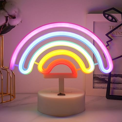 JEMESI Rainbow Neon Light, Bedroom Night Light, LED Night Lights- Powered by Battery/USB, Rainbow Lamp with Base, Decoration for Birthday Bar Party Gifts for Kids